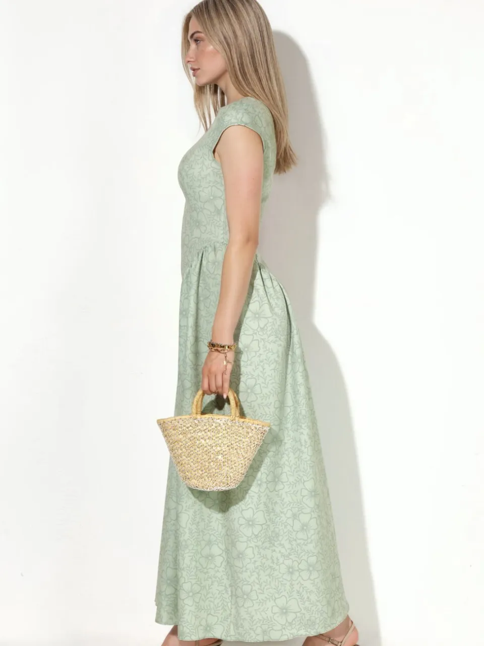 Hiccup Bootneck Bloemmotief Jacquard Maxi Jurk saliegroen, foto 2