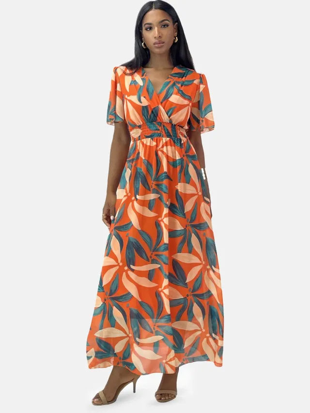 Elara Sommer-Maxikleid mit V-Ausschnitt Neonorange