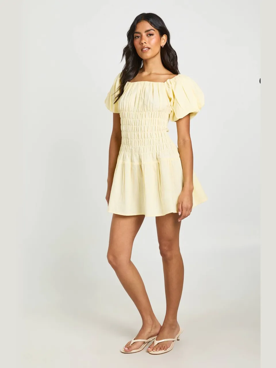 boohoo Dames Linnen-look Mini Jurk Met Pofmouwen En Gerimpeld Lijfje Citroen