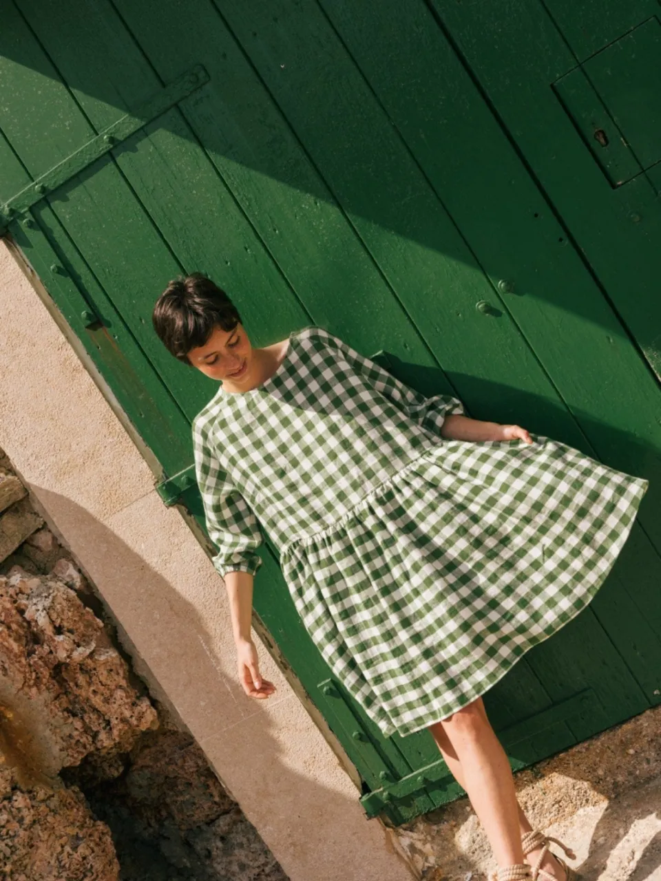AmourLinen dames vegan Jurk Sofia Groen Gingham, foto 2