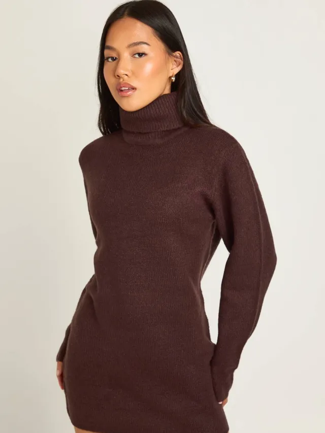 boohoo Dames Petite rolkraag chunky gebreide mini-jurk Chocoladebruin