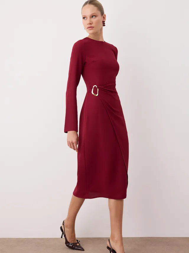 Trendyol TRENDYOLMİLLA Dames Bordeaux Effen Midi Lang Avond / Dagelijks A-lijn Jurken, foto 2