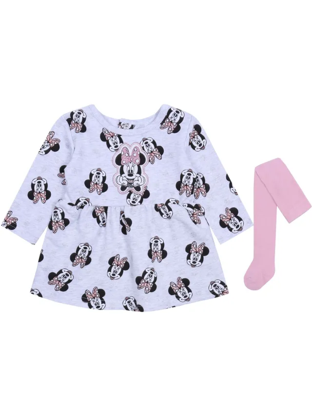 Disney Kledingsetje: grijze jurk + roze panty, comfortabel en met mooie afbeeldingen- Minnie Mouse DISNEY Grizje