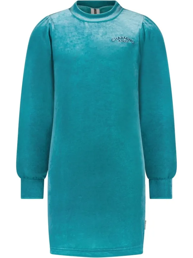 B.Nosy Meisjes jurk fluweel met col - Laguna groen
