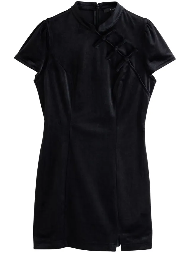Next Dames - Mini-jurkje van fluweel met korte mouwen en strikjesluiting - Zwart Black