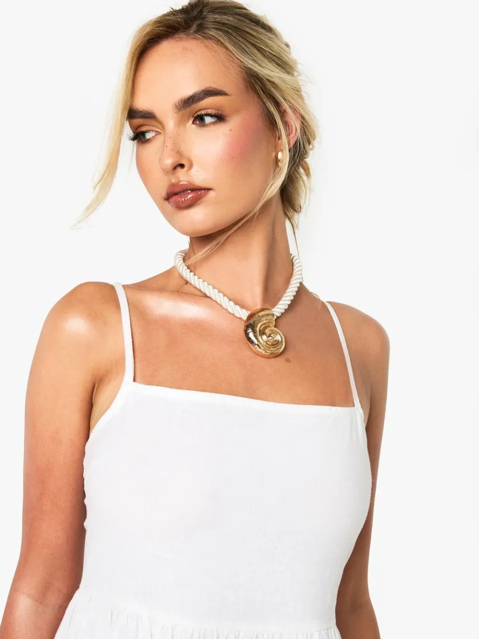 boohoo Dames Gelaagde linnen maxi-jurk met bandjes wit, foto 3