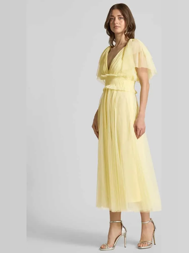 Lace & Beads midi-jurk met smokdetail en V-hals lichtgeel, foto 4