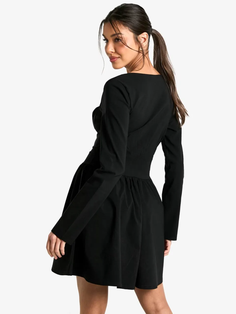 boohoo Dames Bengaline Korset Skaterjurk met Lange Mouwen zwart, foto 2