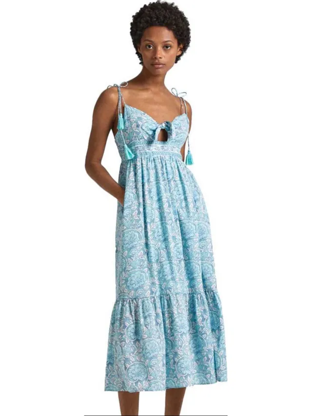Pepe Jeans Mallory Print Mouwloze Midi-jurk Veelkleurig M Vrouw Wave Blue