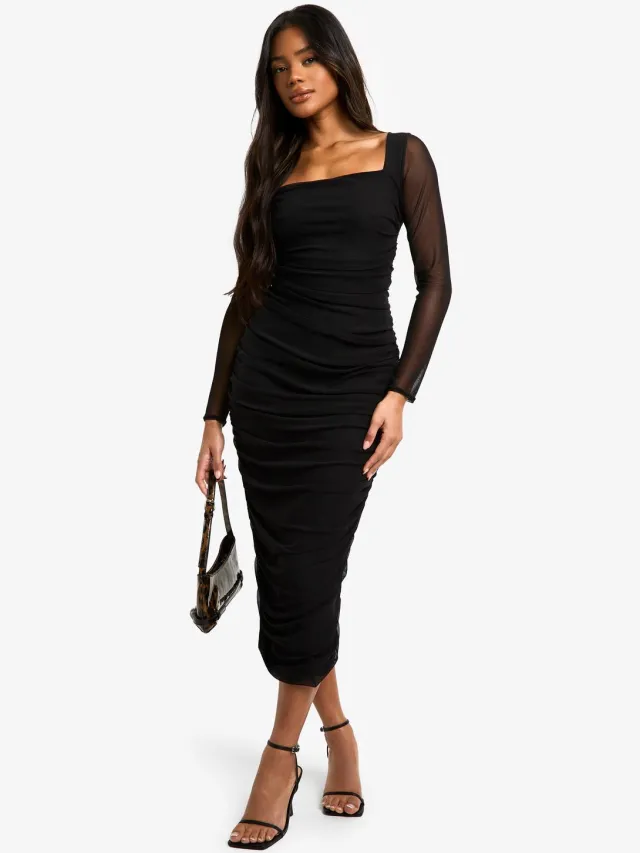 boohoo Dames Square Neck Ruched Mesh Midaxi Jurk Zwart
