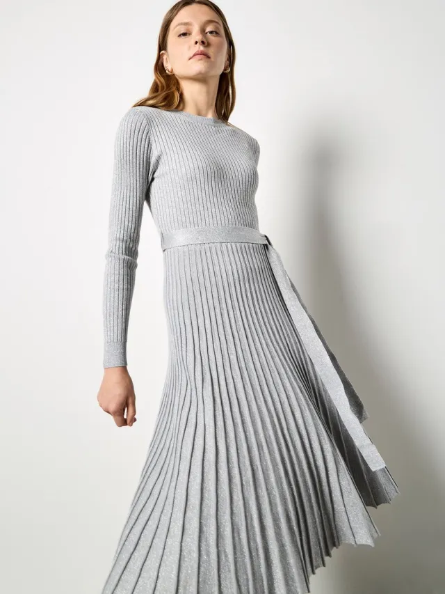 Apricot Rib Knit Pleated Midi Dress Light grey