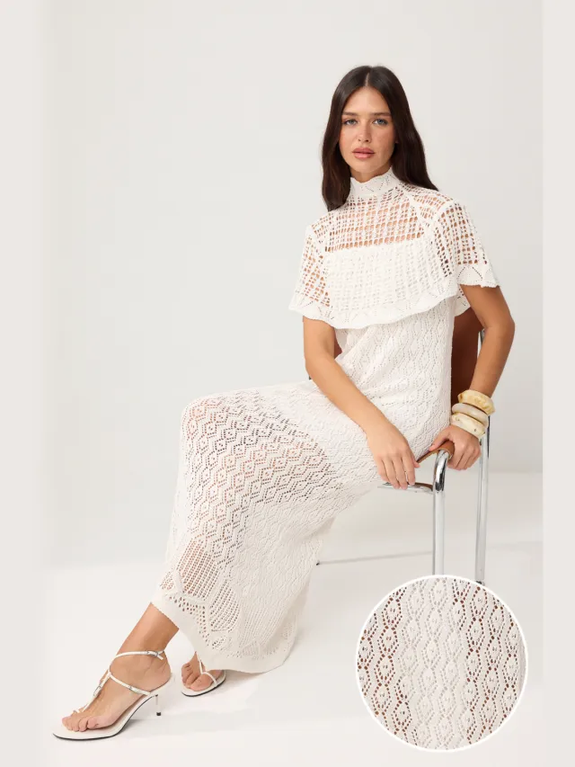 Trendyol TRENDYOLMİLLA Dames Ecru Ajour Maxi Kort Avond / Dagelijks A-lijn Jurken