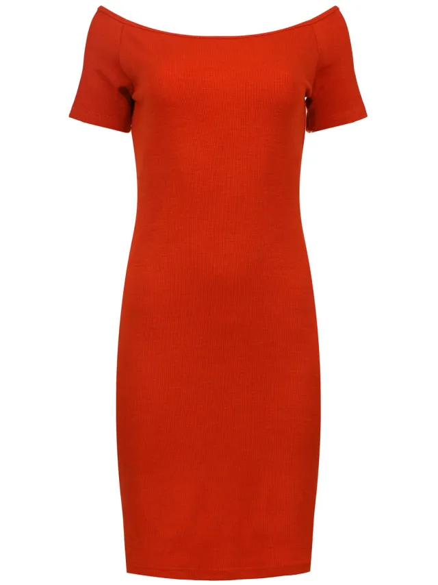 Conquista Vurige Rode Off-Shoulder Nauwsluitende Jurk Rood