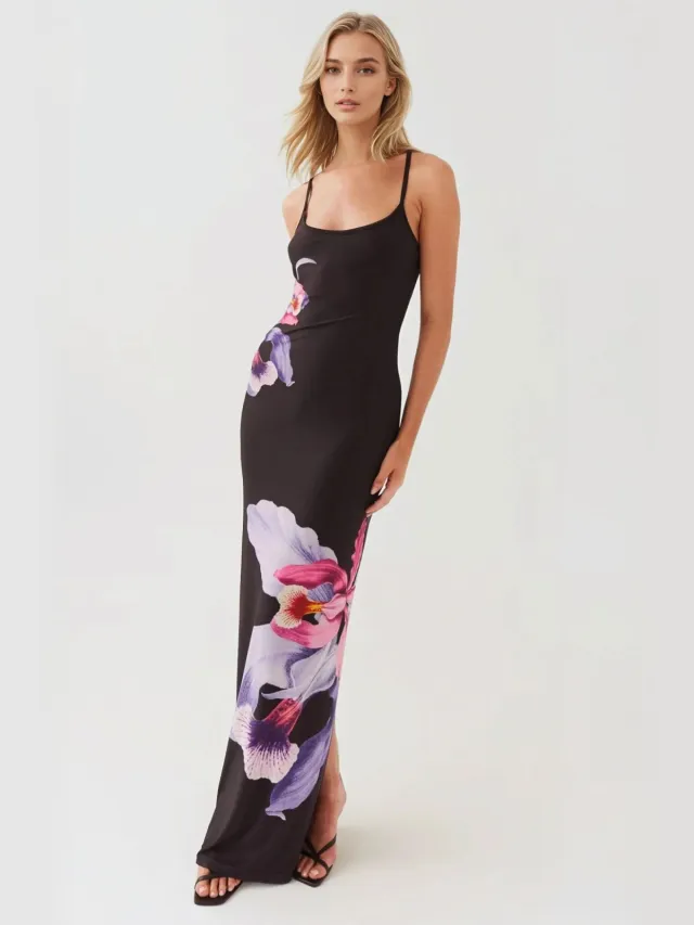 Hiccup Bloemige Bodycon Jurk met Vierkante Kraag Zwart
