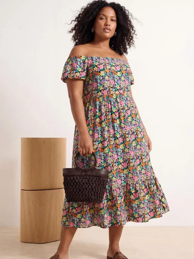 Trendyol Curve Dames Meerkleurig Bloemen Maxi Kort Stijlvol/Avond A-lijn Grote maten Jurk Veelkleurig