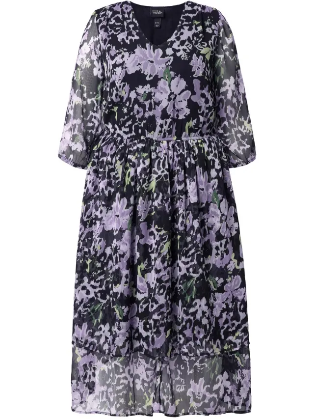 Ulla Popken Dames - Midi-jurk van chiffon bloemen A-lijn V-hals 3/4-mouwen - Lavendel - Maat 54+