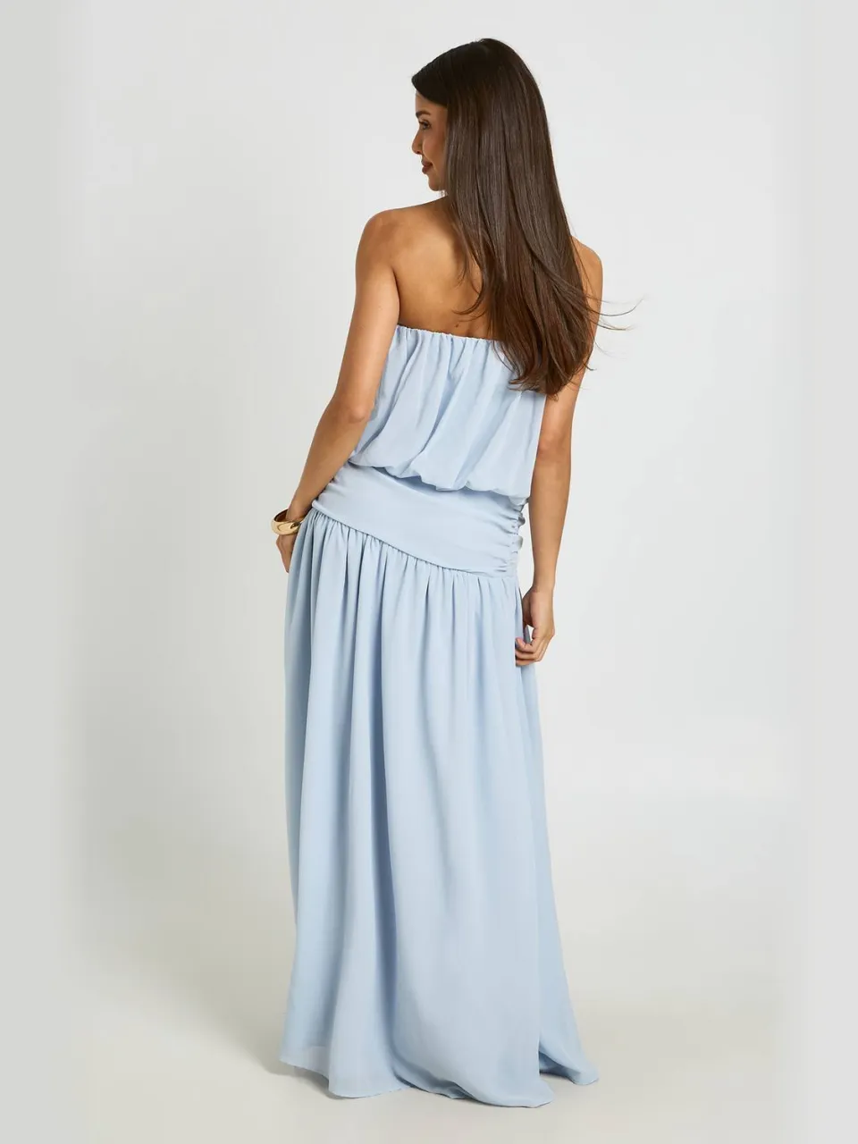 boohoo Dames Chiffon Bandeau Blouson Geplooide Lage Taille Maxi Jurk lichtblauw, foto 2