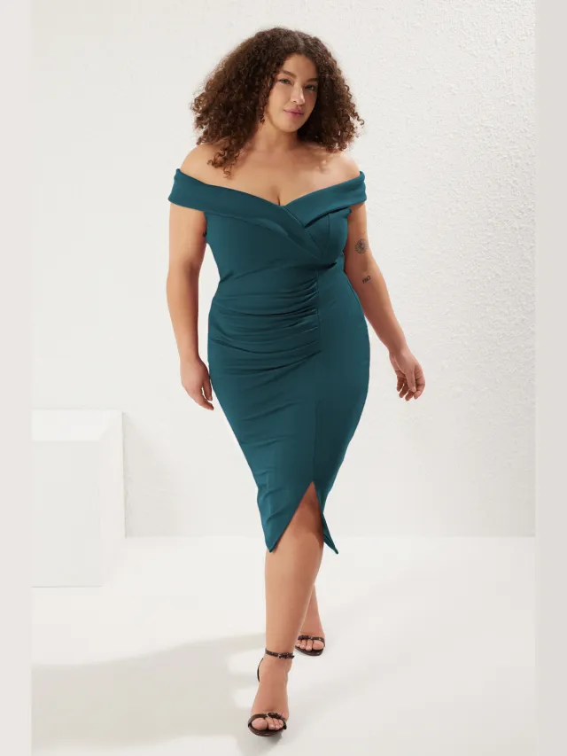 Trendyol Curve Dames Groen Effen Kort / Mini Mouwloos Stijlvol/Avond Bodycon Grote maten Jurk