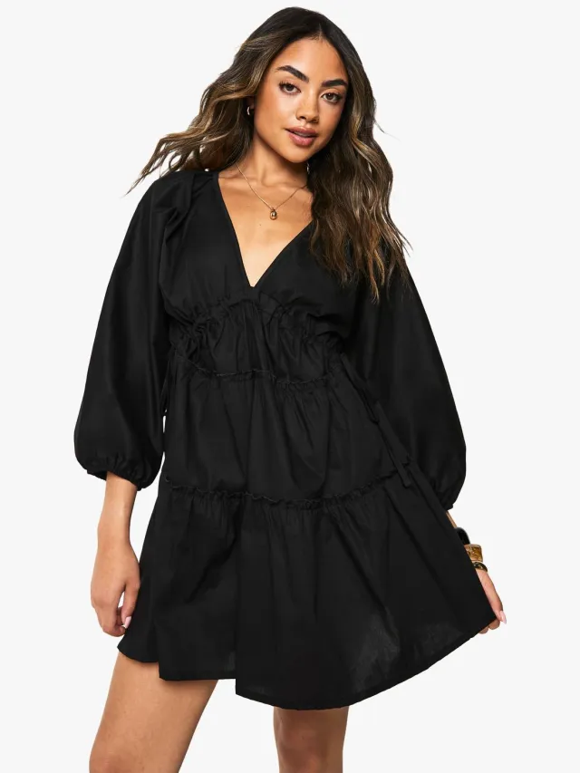 boohoo Dames Katoenen popeline gerafelde ballonmouw smock jurk Zwart