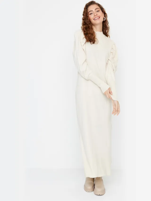 Trendyol Modest Dames Grijs Maxi Lang Casual Recht Modest Jurken Gebroken wit