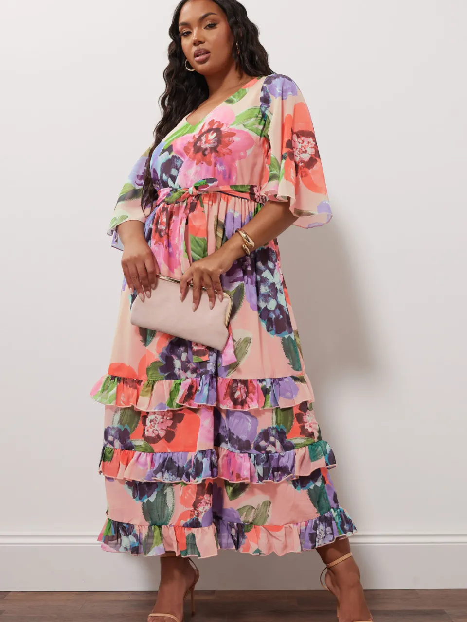 Yours London Maxi Jurk Met Bloemenmotief En Gelaagde Zoom In Roze, foto 2