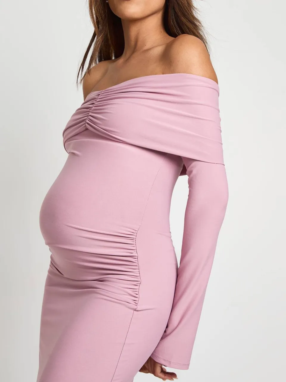 boohoo Dames Zwangerschaps Bardot geruched uitlopende mouw maxijurk mauve, foto 3