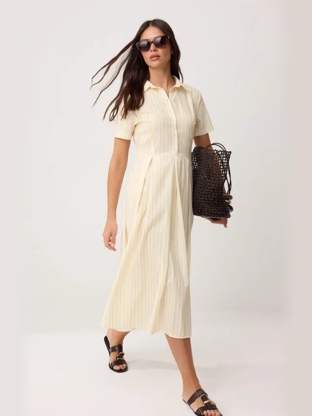 Trendyol TRENDYOLMİLLA Dames Geel Gestreept Midi Kort Casual Skater Jurken