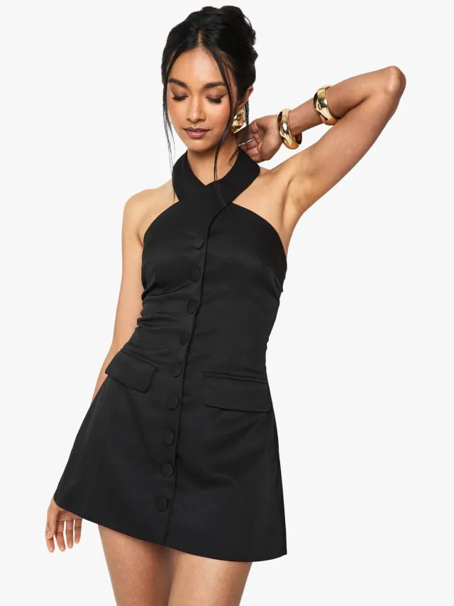 boohoo Dames Halternek Tailored Micro Mini Dress Zwart